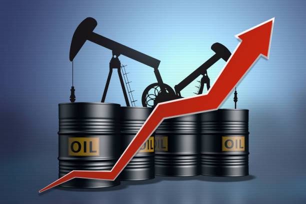Collage from oil pumps and oil barrels with a red up arrow.Rising oil prices.